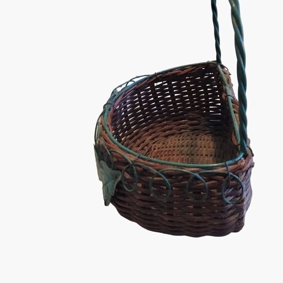 Brown Green Half Round Hanging Wicker Basket Green Metal Leaves Vintage 7 inch - Picture 5 of 11